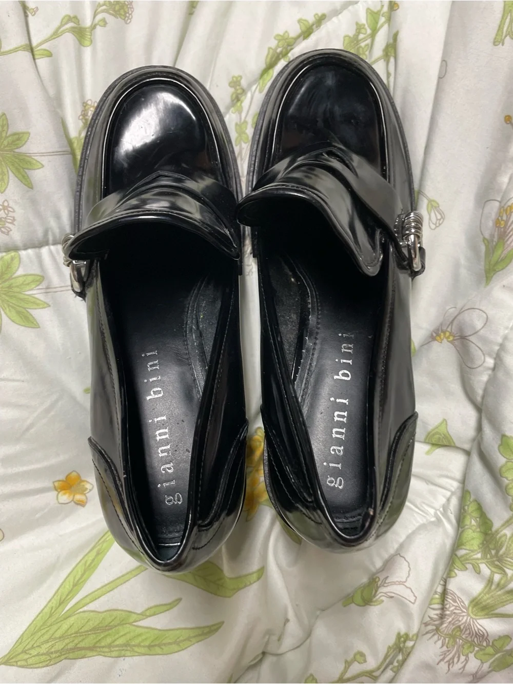 Gianni Bini Black Patent Platform Block Heel Loafers with Silver Ring
